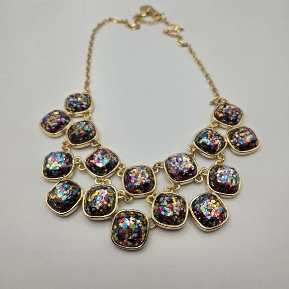 Betsey Johnson Liz Claiborne Rainbow Sparkle Bib Necklace Earrings Gold Tone Set - Picture 7 of 12
